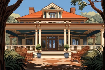 shingle-style house with wide veranda and grand entrance, magazine style illustration - obrazy, fototapety, plakaty
