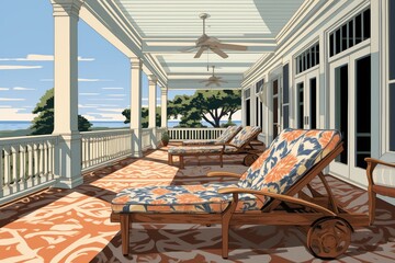 wide veranda filled with sun loungers against the shingle style backdrop, magazine style illustration - obrazy, fototapety, plakaty