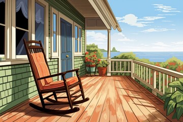 single rocking chair on a wide veranda of a shingle house, magazine style illustration - obrazy, fototapety, plakaty