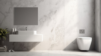 Naklejka na ściany i meble interior design of modern bathroom with gray walls, white tiled floor, sink, bathtub and two small toilet.