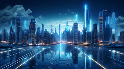 Fototapeta na wymiar futuristic city landscape with buildings, connected together with advanced technology, future concept, city concept, architecture concept