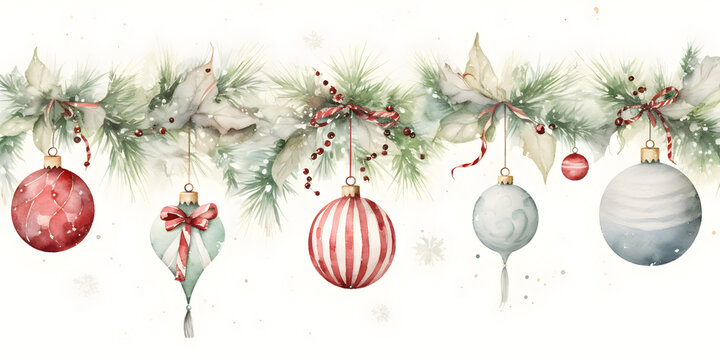 Christmas balls banner with ornament decoration, illustration in watercolor style. Festive composition with creative baubles decoration.