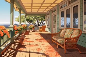 decorated veranda of a shingle-style house during a sunny day, magazine style illustration - obrazy, fototapety, plakaty