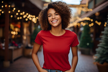 Young woman wearing bella canvas red shirt mockup, at festive christmas background. Design tshirt template, print presentation mock-up. - obrazy, fototapety, plakaty