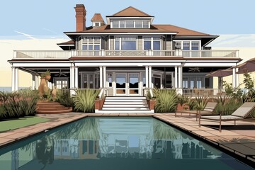 shingle-style mansion with veranda and pool in background, magazine style illustration - obrazy, fototapety, plakaty