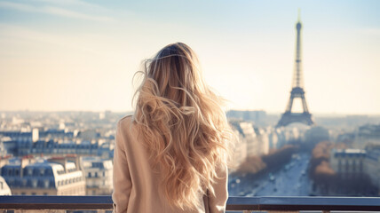 young blond woman overlooking the Eiffel Tower in the background.