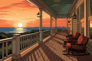 wide veranda of a shingle-style beach house at sunset, magazine style illustration - obrazy, fototapety, plakaty