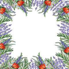 Watercolor square frame with hand-painted dried flower bouquets, lavender, and rosemary on a transparent background. Pre-made frame for printing design.