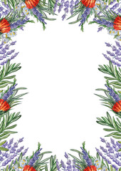 Naklejka premium Watercolor frame with hand-painted dried flower bouquets, lavender, and rosemary on a transparent background. Pre-made frame for printing design.