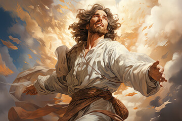 Jesus Christ ascends in heaven, enveloped in divine atmosphere