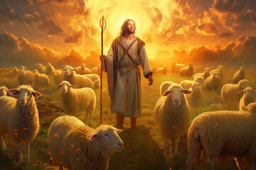 Shepherd Jesus Christ herds flock of sheep in pasture during sunrise - obrazy, fototapety, plakaty