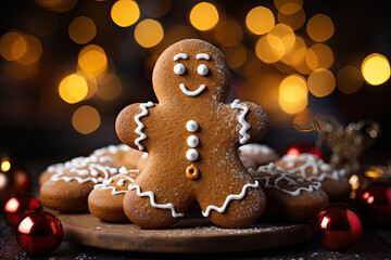 Gingerbread man cookie with white icing on wooden table with blurred glitter Christmas warm bokeh lights winter holidays background.