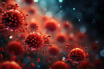 Close-up of red virus cells or microscopic bacteria on red bloody background. Concept of medical and scientific research of influenza on red background