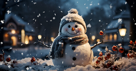 Happy snowman Midjourney v5 standing in christmas - obrazy, fototapety, plakaty