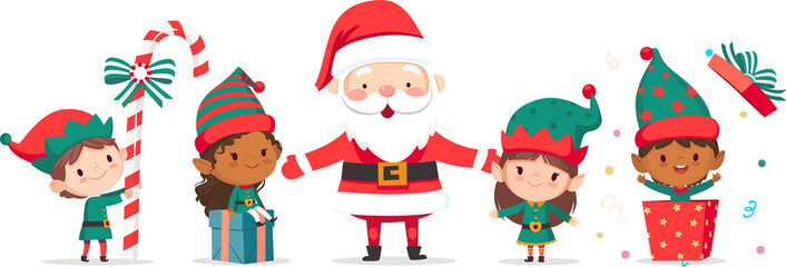 Adorable Christmas Elves and Santa Claus. Little Santa's helpers holding holiday gifts and decorations. 