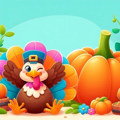 Obraz na płótnie Canvas colorful Turkey greeting character and pumpkin illustration for turkey party invite empty sky-blue space decoration with space for copy created with generative ai