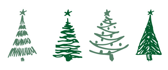 Set of Christmas tree. Sketch hand drawn xmas pattern. Doodle childlike silhouette art. Winter New year holiday firs, decor elements on isolated background. Vector vintage illustration.
