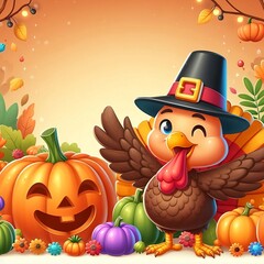 colorful funny Turkey greeting character and pumpkin illustration for turkey party invite empty space decoration with space for copy created with generative ai