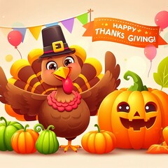 colorful Turkey greeting character and pumpkin illustration for turkey party invite empty space decoration with space for copy created with generative ai