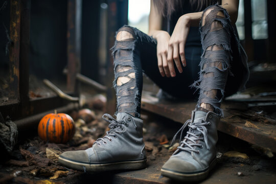 Ripped and distressed tights, achieving an effortlessly cool and grunge-inspired appearance. Generative Ai.