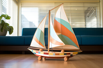 wooden toy boat, sail boat, playing with a wooden toy boat