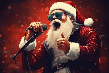 illustration of santa claus singing in rock and roll style