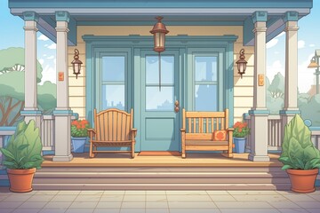 classic craftsman porch with stone pillars and wooden railings, magazine style illustration