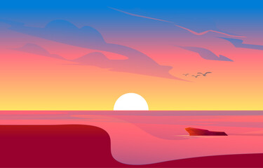 Fototapeta na wymiar flat Summer beach background with sunset