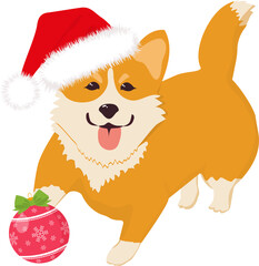Cute corgi puppy in Santa Claus hat With Christmas tree toy and serpentine. Vector illustration.