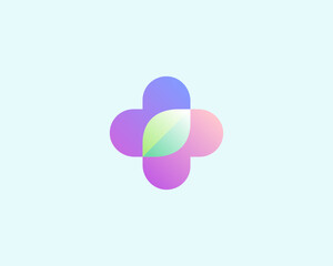 Abstract cross and leaf inside gradient logo. Medical care health sign. Creative pharmacy clinic logotype. Vector illustration.