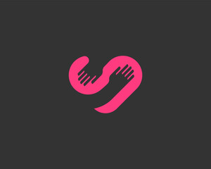 Abstract heart and human hands flat logo. Creative hug love care sign. Vector illustration.