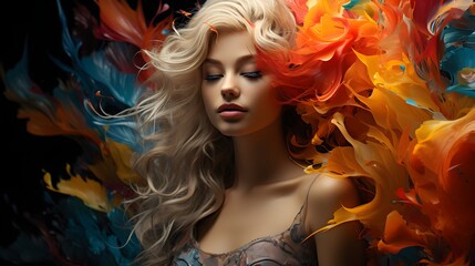 Portrait of a beautiful young woman with creative make-up and colorful hair.