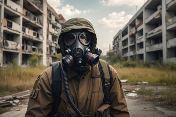 stalker in a gas mask inside of abandoned city