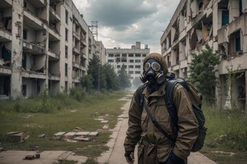 Fototapeta premium stalker in a gas mask in the middle of abandoned city