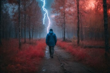 stalker in the red forest during a thunderstorm
