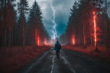 stalker in the abnormal forest during a thunderstorm - obrazy, fototapety, plakaty