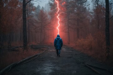 stalker in the forest during a thunderstorm - obrazy, fototapety, plakaty