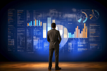 A man stands in front of the graphs,diagrams and charts on screen. Financial development, Banking Account, Statistics