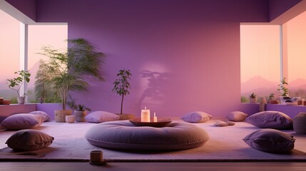 A tranquil meditation room with soft purple walls, floor cushions, and serene nature-inspired art.