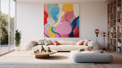 An open-plan living space with a colorful modular sofa, modern art, and a minimalist aesthetic.