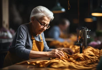 Foto op Plexiglas An old woman sews in a factory © kdcreativeaivisions