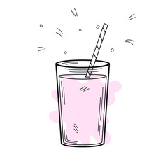 A glass of fruit and strawberry yoghurt with a straw. Organic homemade food. Vector illustration in hand drawn doodle style. Nutrition concept. Kitchen image. Illustration for a cookbook.