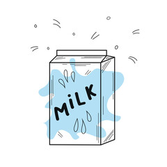 A pack of milk. Organic homemade food.   Vector illustration in hand drawn doodle style. Nutrition concept. Kitchen image. Illustration for a cookbook.
