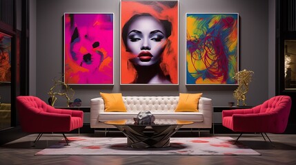 Capture the vibrant energy and avant-garde aesthetic of a contemporary interior adorned with bold, unconventional designs. 