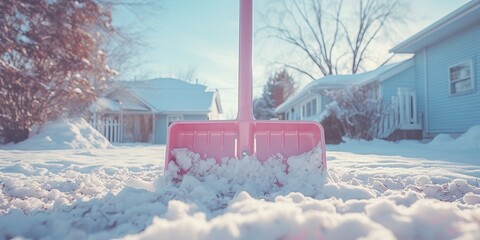 Snow shovel. Shoveling driveway and sidewalk in winter time. Sunny winter weather. Mandatory sidewalk clean. Property maitenence. White, blue and purple color palette.