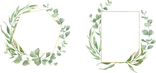 Watercolor set of floral frames with eucalyptus leaves, branches. Hand drawn illustration isolated on background. Vector  EPS. - 679402681