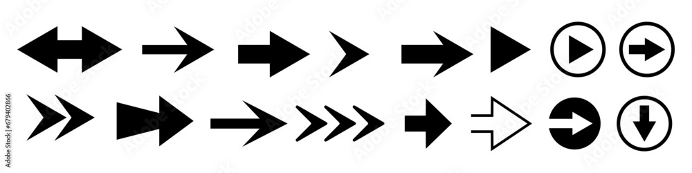 Poster arrows vector icons. set of arrows of different thickness and shape. flat arrows of black color on a