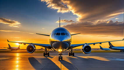 airplane at sunset,
A plane on the runway with the sun setting behind it,