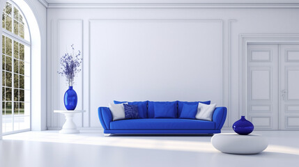 White living room interior royal blue lounge. living room interior royal blue couch. generative ai