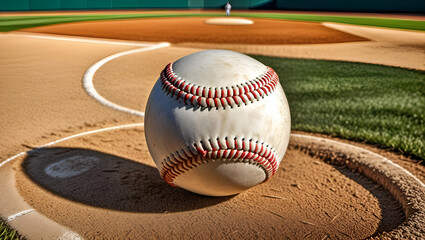 baseball in glove,
A baseball and a glove on a diamond with an empty base,
Play Ball, - obrazy, fototapety, plakaty